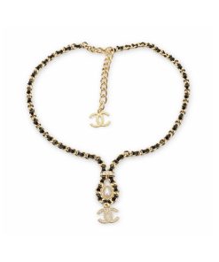 Alternative view of Chanel CC Necklace Leather Chain Pearl Crystal Drop Choker Gold Tone Black