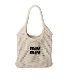 Alternative view of Miumiu Raffia Effect Yarn And Cotton Tote Bag Chalk White And Black 36Cm 5Bg231 2Cqy F0N13 V Mro