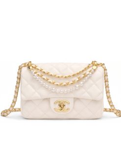 Alternative view of Chanel Mini Flap Bag Shiny Imitation Pearls And Gold Tone Metal White 17Cm AS4384 B15773 U2361