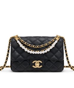Chanel Mini Flap Bag Shiny Imitation Pearls And Gold Tone Metal Black 17Cm
