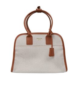 Prada Medium Blend And Leather Tote Bag Tan And Caramel 33Cm 1Bg572 2Hja F0Kfz V Ooz