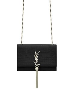 Saint Laurent Kate Small Tassel In Crocodile Embossed Leather Silver Black 19Cm 474366Dnd0N1000