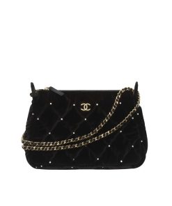 Chanel Velvet Crystal Quilted Chain Hobo Bag In Black 22Cm AP4861 B17652 93405