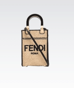 Fendi Sunshine Mini Leather-Trimmed Embroidered Straw Tote