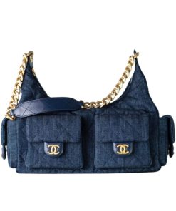 Chanel Large Hobo Bag Washed Denim And Gold Tone Metal Dark Blue 31Cm