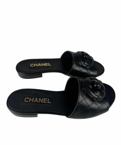 Chanel Camellia Leather Slides Black