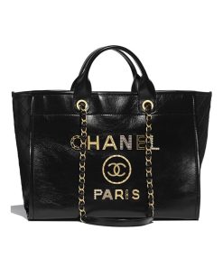 Chanel Deauville Large Shopping Bag Leather Black 38Cm