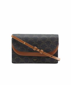 Celine Wallet On Strap In Triomphe Canvas And Smooth Tan 20Cm