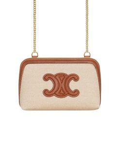Celine Clutch On Chain Cuir Triomphe In Textile And Natural Tan 17Cm