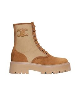 Celine Bulky Lace Up Boot With Triomphe In Nylon Suede Calfskin Dark Beige 354657005C04Db