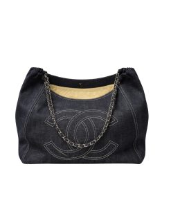 Chanel Large Hobo Bag Black Denim Chain Strap 36Cm