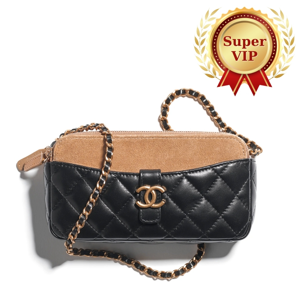 [Super Vip 1:1] – Chanel Zipped Phone Holder With Chain Shiny And Gold Tone Metal Black Beige 18Cm Ap4743 B20685 U1546