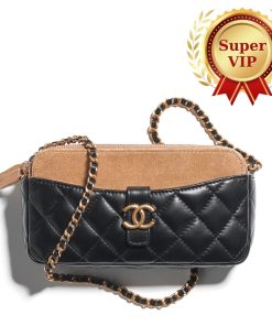 Alternative view of [Super Vip 1:1] – Chanel Zipped Phone Holder With Chain Shiny And Gold Tone Metal Black Beige 18Cm Ap4743 B20685 U1546