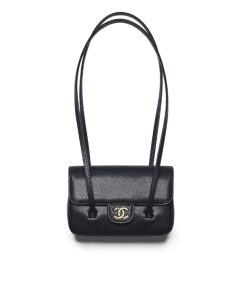 Chanel Clutch With Leather Strap Grained Shiny And Gold Tone Black 17cm