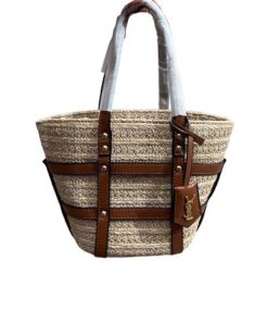 Alternative view of Saint Laurent Panier Studded Leather Trimmed Woven Raffia Tote Bag 18Cm