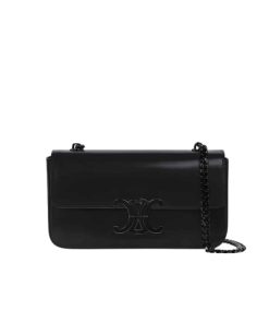 Celine Chain Triomphe In Shiny Shoulder Bag Black Black 20Cm