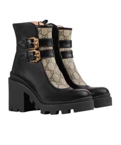 Gucci Women’S Gg Ankle Boot With Buckles Black And Beige 701100Uvv201182