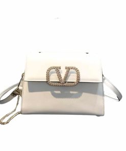 Valentino Garavani Vsling Crystal Embellished Leather Handbag White 18Cm