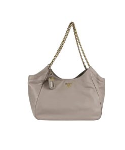 Prada Pomice Soft Calfskin Leather Chain Tote Bag Beige 38Cm