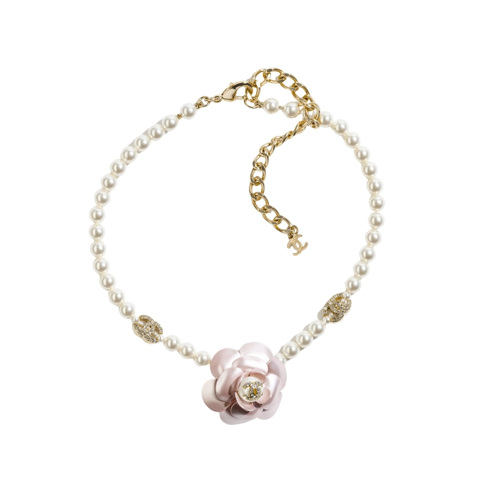 Chanel Choker In Metal Glass Pearls Gold With Pink Pearly Flower ABA025 B09960 NL921