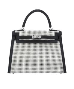 Hermes Kelly 25 Toile Quadrille Canvas Swift Black Phw 25Cm