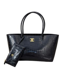 Chanel Large Embossed Tote Bag Black With Gold CC And Pouch 35Cm