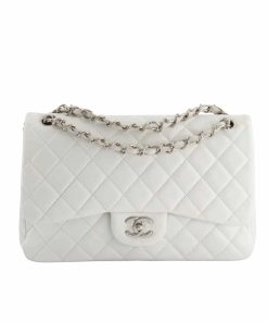Chanel Classic Double Flap Bag White Silver Hardware 25Cm