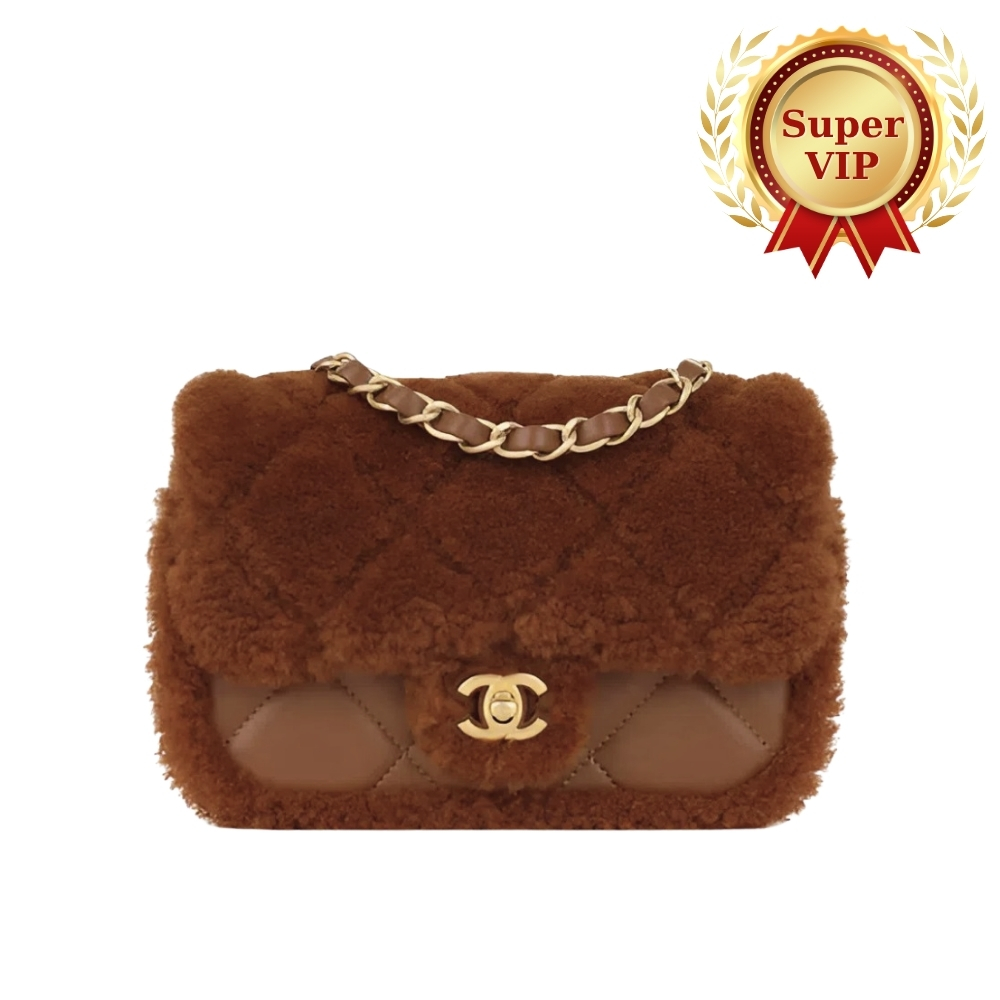 [Super Vip 1:1] Chanel Flap Bag Teddy Shearling And Gold Tone Metal Brown 19Cm