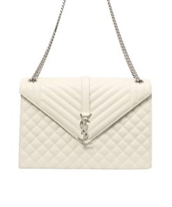 Alternative view of Saint Laurent Grain De Poudre Matelasse Chevron Large Triquilt Monogram Satchel White 30Cm Ars4381340717