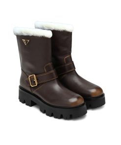 Prada Leather And Shearling Booties Cocoa Brown 1U187O Dfw F0324 F 050