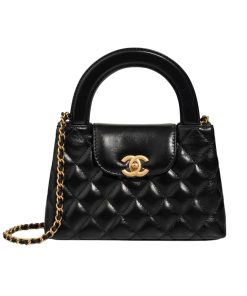 Chanel Kelly Mini Shopping Bag Shiny Aged Gold Tone Metal Black 19Cm AS4416 B14296 94305