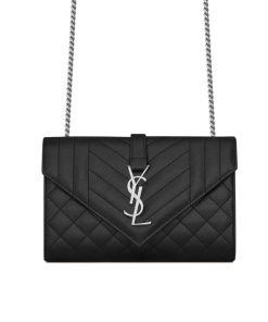 Alternative view of Saint Laurent Envelope Small In Quilted Grain De Poudre Embossed Leather Black Silver 21cm 600195BOW921000