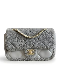 Chanel Flap Bag Teddy Shearling And Gold Tone Metal Grey 25Cm