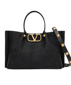 Valentino Garavani Medium Straw Summer Tote Black 35Cm
