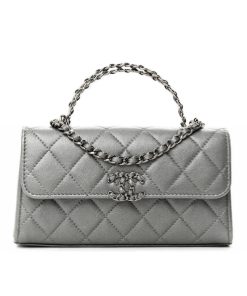 Chanel 23P Clutch With Chain Bag Grained Leather Silver 18cm