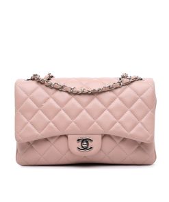 Chanel Classic Double Flap Bag Silver Hardware Light Pink 25Cm