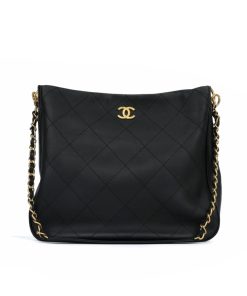 Chanel Quilted Hobo Shoulder Bag Black Brushed Gold Hardware 33Cm