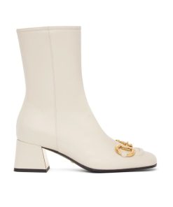 Gucci Women’S Horsebit Mid Heel Ankle Boots White 643888 Bko00 9022