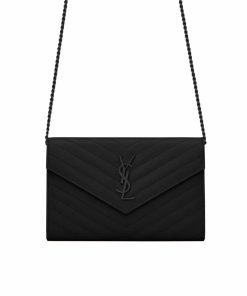 Saint Laurent Cassandre Matelassé Chain Wallet In Grain De Poudre Embossed Black Noir 22Cm 377828Bow081000