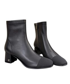 Chanel Square Toe Leather Ankle Boots Shiny Black