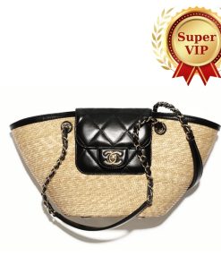 [Super Vip 1:1] Chanel Small Shopping Bag Braided Straw And Gold Tone Metal Beige 23Cm AS5951 B22647 U6027