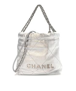 Chanel 22 Mini Handbag Shiny And Gold Tone Metal Silver 20cm