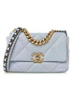 Chanel 19 Flap Bag Shiny Gold And Silver Tone Light Blue 26Cm