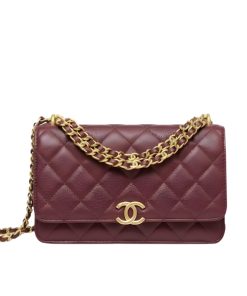 Chanel Wallet On Chain Gold Tone Metal Dark Burgundy 19Cm
