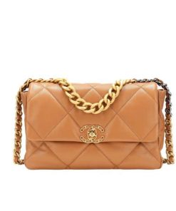 Chanel 19 Quilted Handbag Light Brown 26Cm