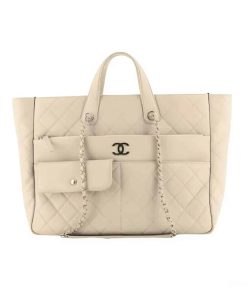 Chanel 20C Ultra Pocket Tote Bag Quilted Beige Leather 37Cm